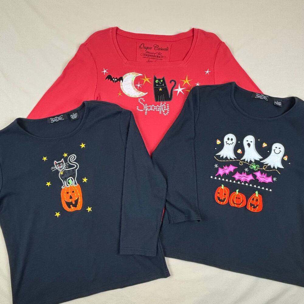 Halloween Shirt Bundle Womens Small Pumpkin Ghost Bat Black Cat Embroidered Felt